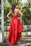 Unique Red Spaghetti Straps Sleeveless A-Line Prom Dresses with Lace