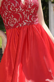 Unique Red Spaghetti Straps Sleeveless A-Line Prom Dresses with Lace