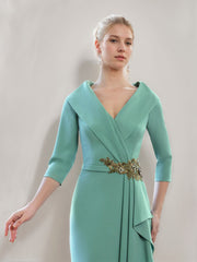 V Neck 3/4 Sleeve Long Sheath Column Mother of the Bride Dress with Ruffles & Jewel Appliques