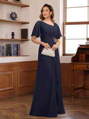V Neck A Line Chiffon Dress with Short Sleeves Ruffles & Appliques for the Mother of the Bride or Groom