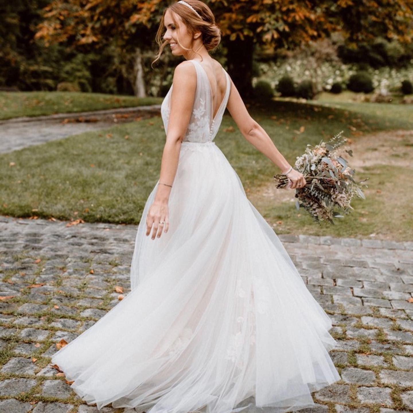 V Neck A Line Open Back Wedding Dress With Lace