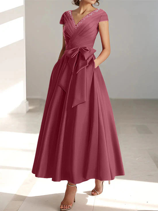 V Neck A Line Ankle Length Mother of the Bride Dress With Short Sleeves Pockets & Ruffles