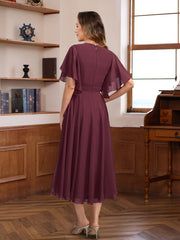 V Neck A Line Dress with Ruched Pleats and Jewel Appliques for Mothers of the Bride & Groom