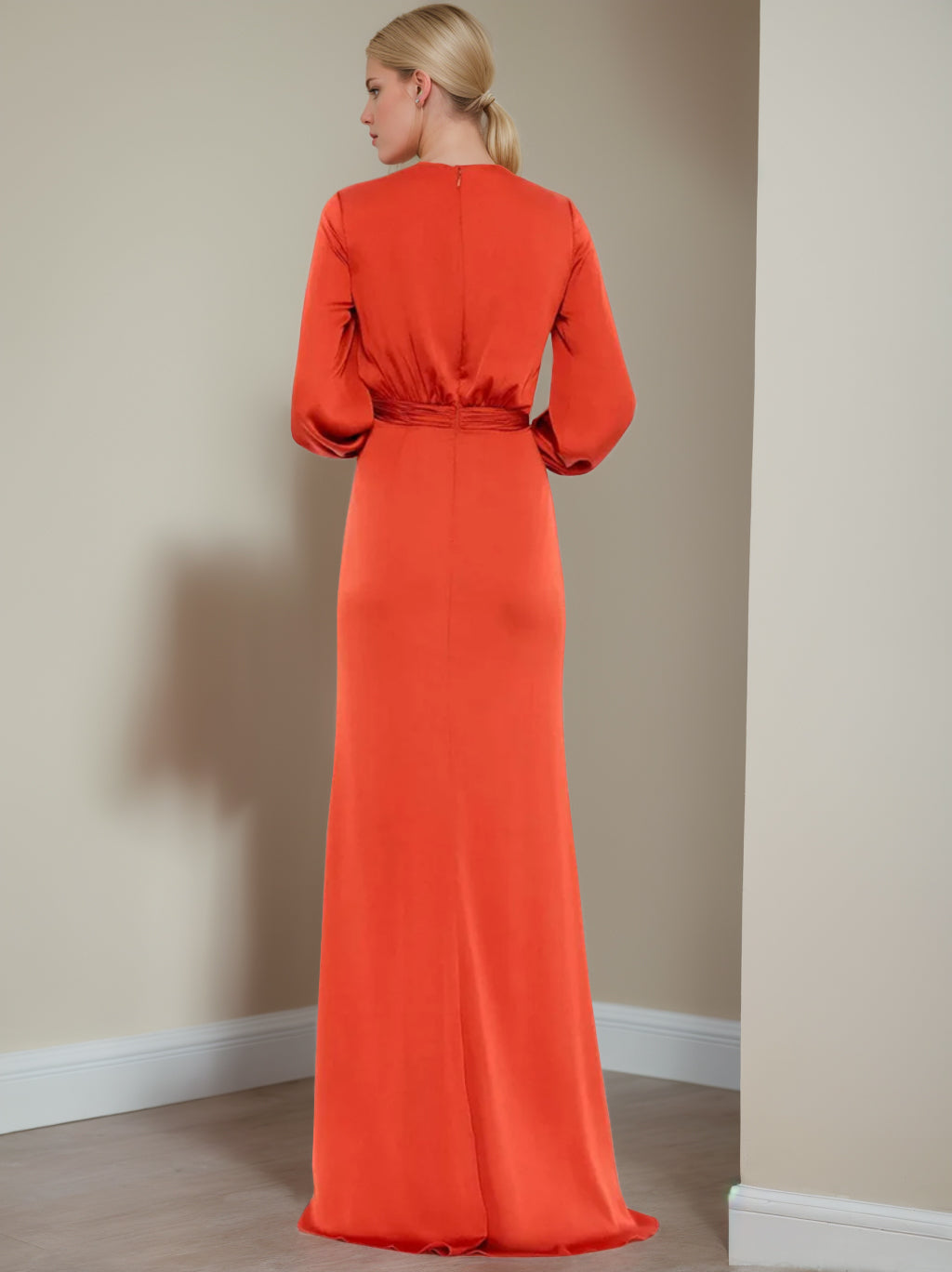 V Neck A Line Long Mother of the Bride Dress With Ruffled Long Sleeves