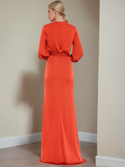 V Neck A Line Long Mother of the Bride Dress With Ruffled Long Sleeves