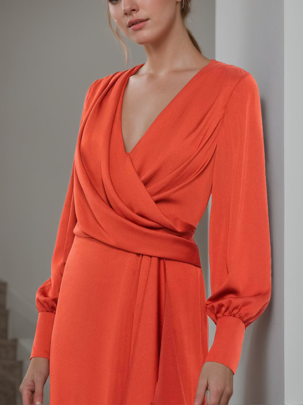 V Neck A Line Long Mother of the Bride Dress With Ruffled Long Sleeves