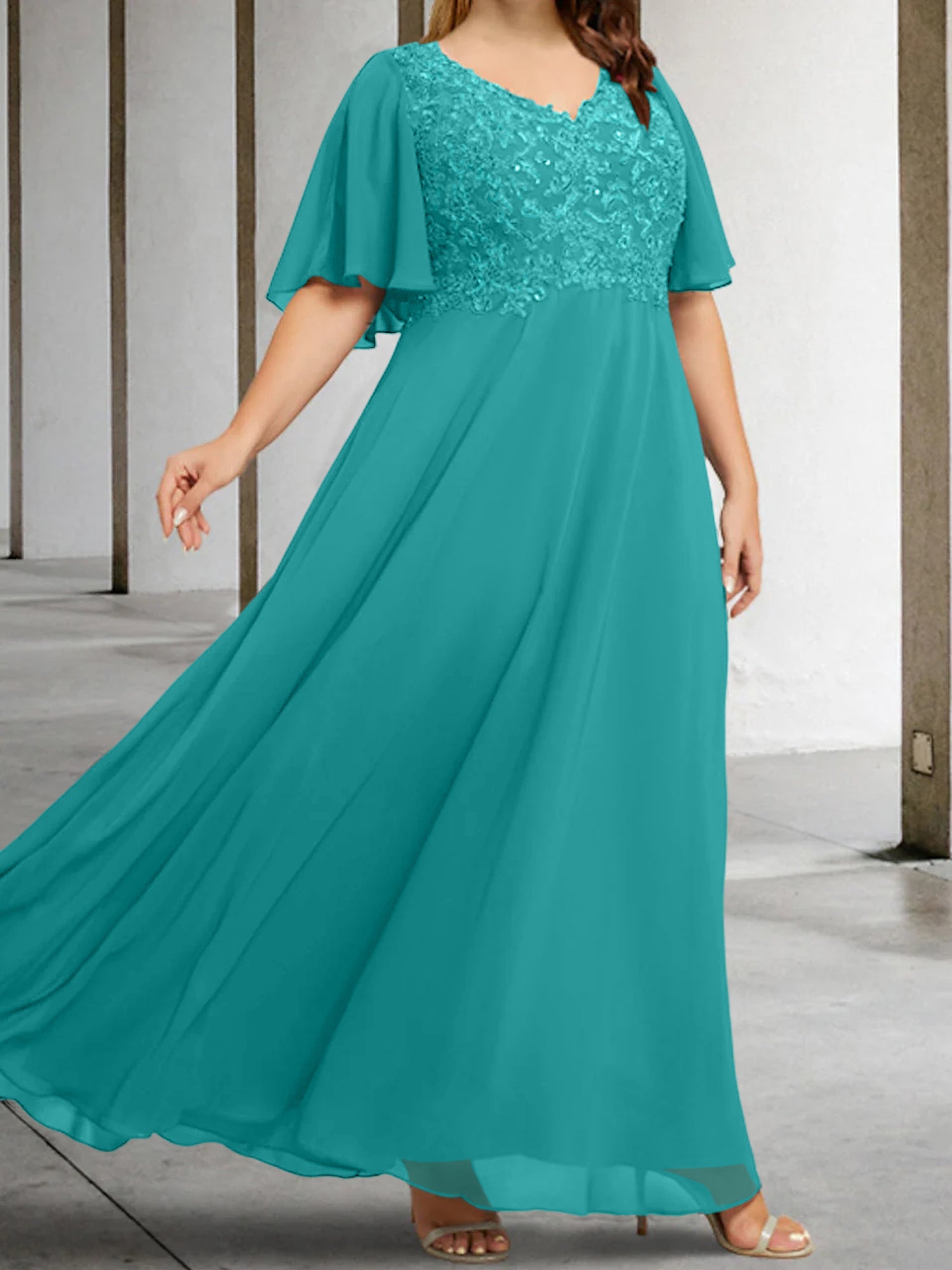 V Neck A Line Long Mother of the Bride Dress with Applique and Half Sleeves