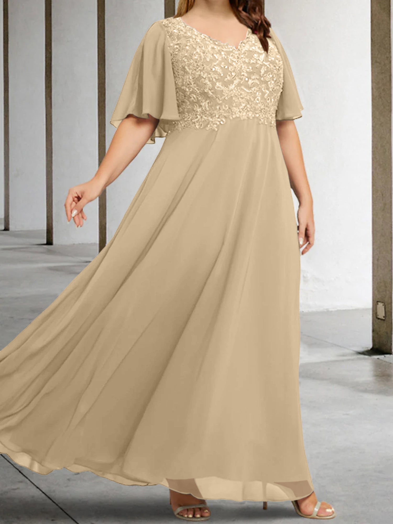 V Neck A Line Long Mother of the Bride Dress with Applique and Half Sleeves