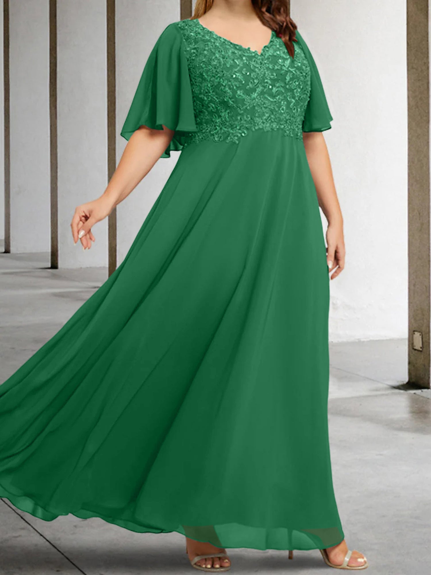 V Neck A Line Long Mother of the Bride Dress with Applique and Half Sleeves