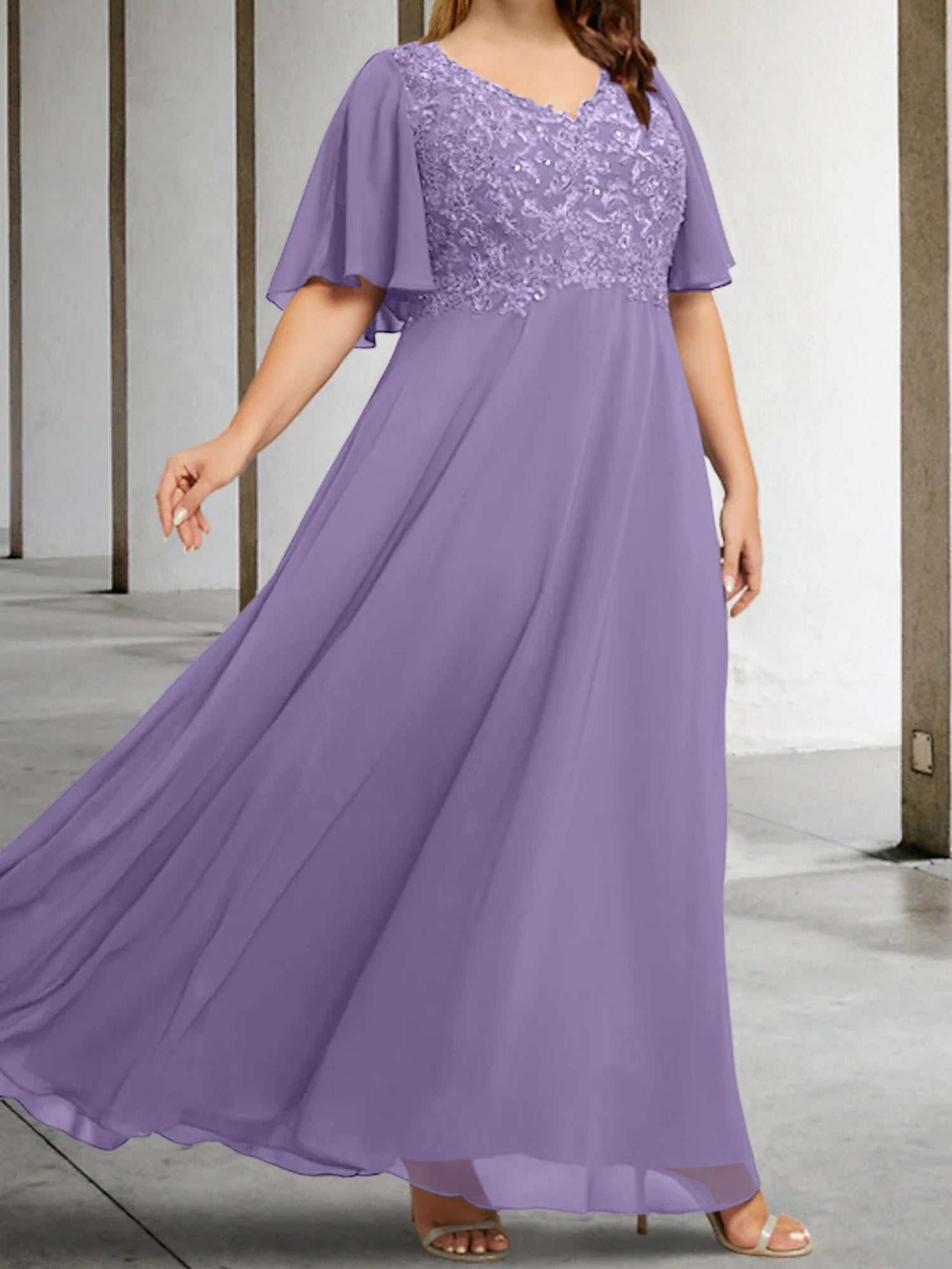 V Neck A Line Long Mother of the Bride Dress with Applique and Half Sleeves
