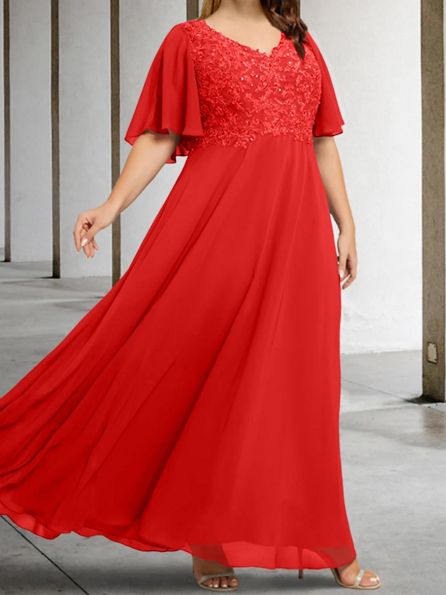 V Neck A Line Long Mother of the Bride Dress with Applique and Half Sleeves