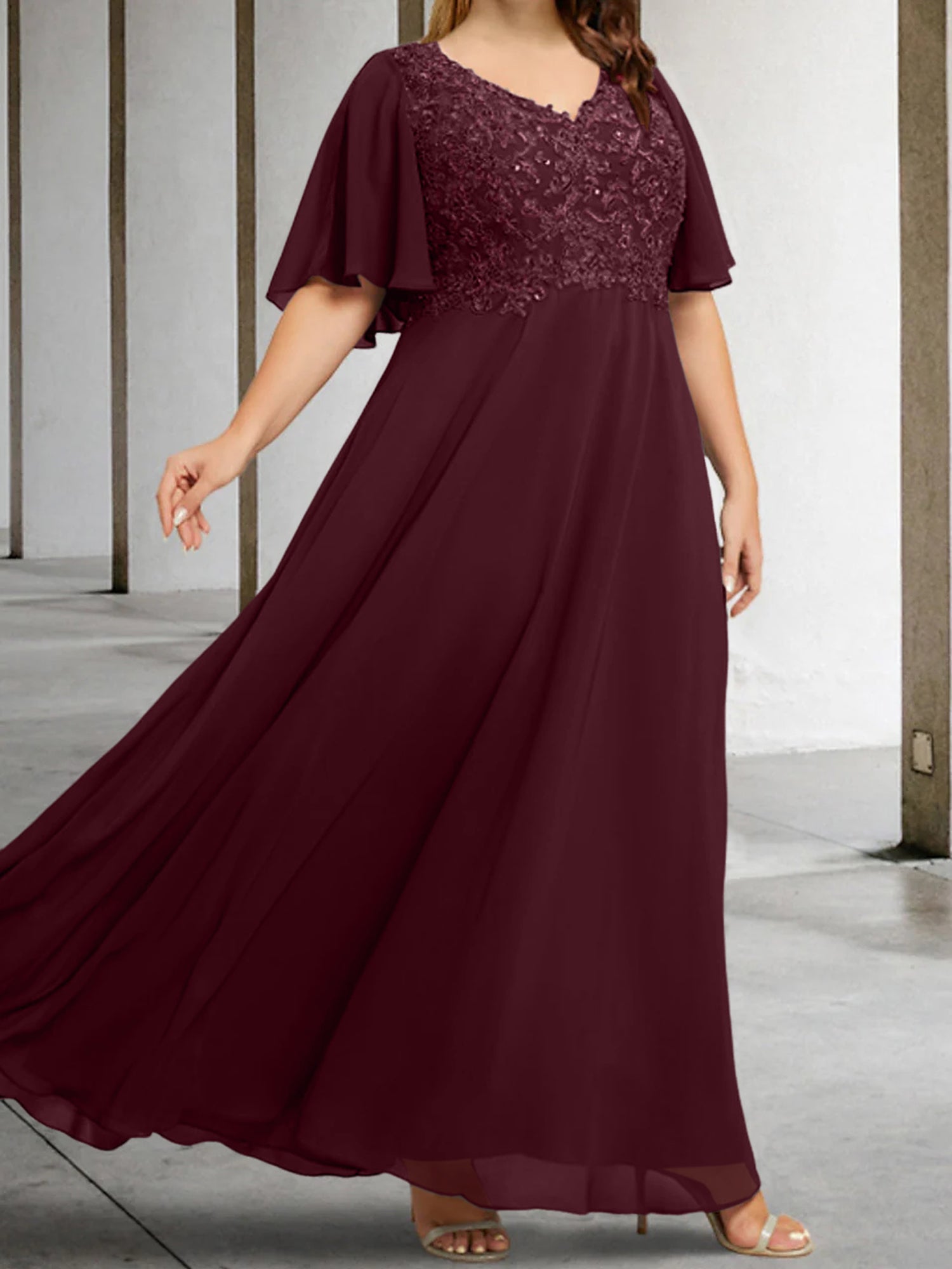 V Neck A Line Long Mother of the Bride Dress with Applique and Half Sleeves