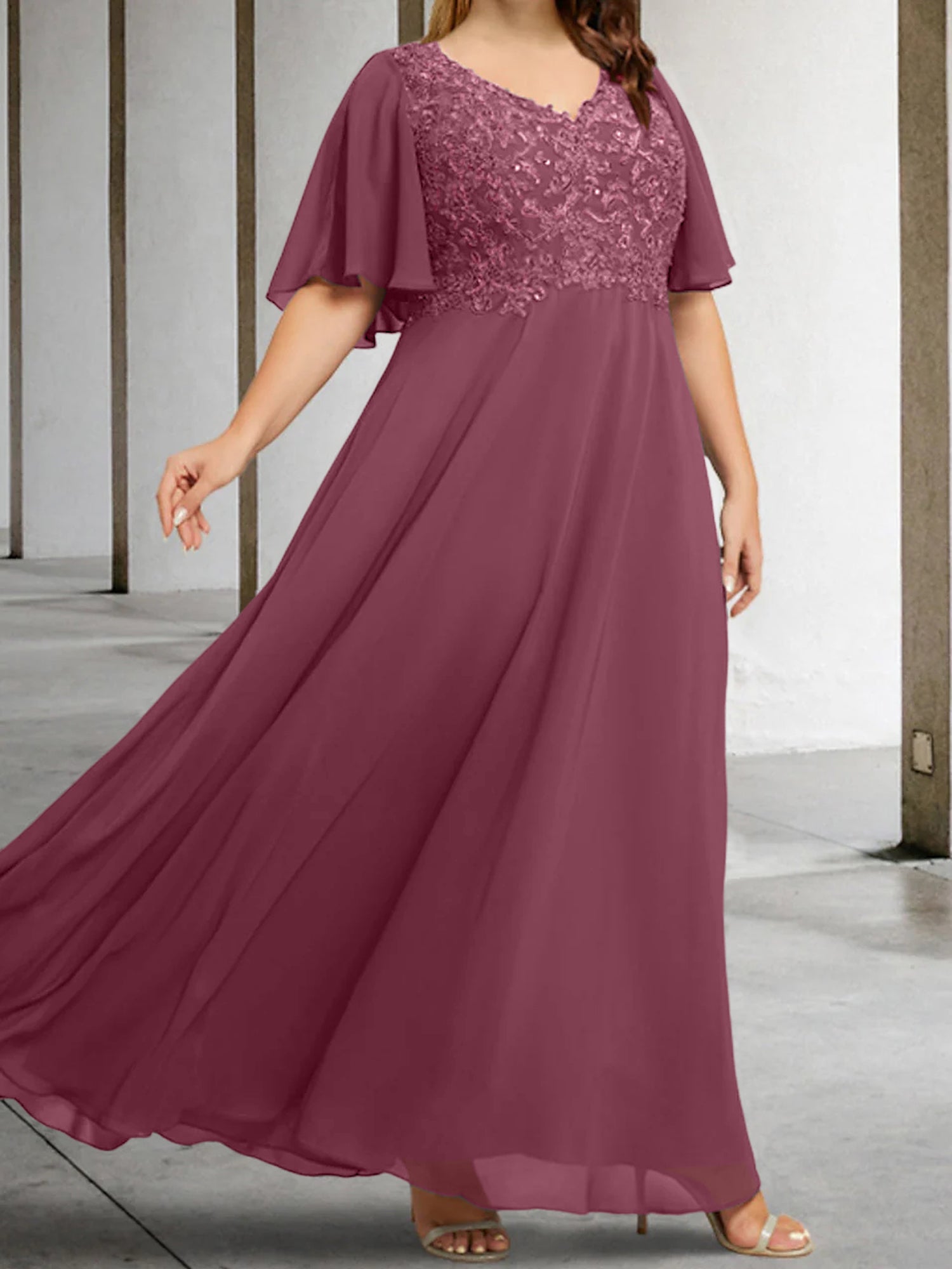 V Neck A Line Long Mother of the Bride Dress with Applique and Half Sleeves