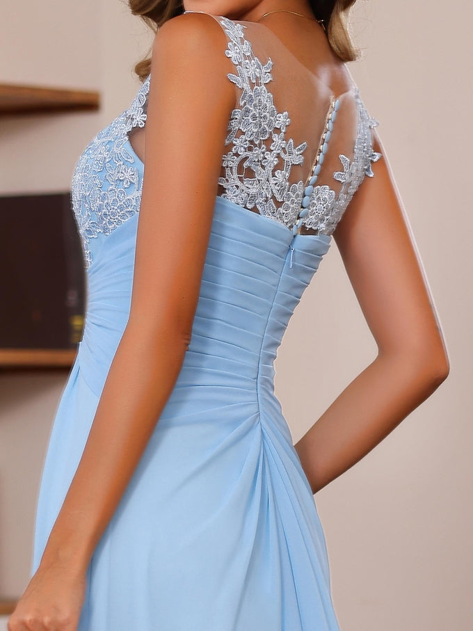 V Neck A Line Long Mother of the Bride Dress with Appliques Ruffles & Wrap in 2 Pics