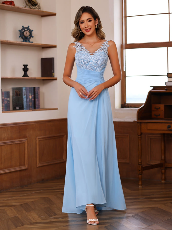 V Neck A Line Long Mother of the Bride Dress with Appliques Ruffles & Wrap in 2 Pics
