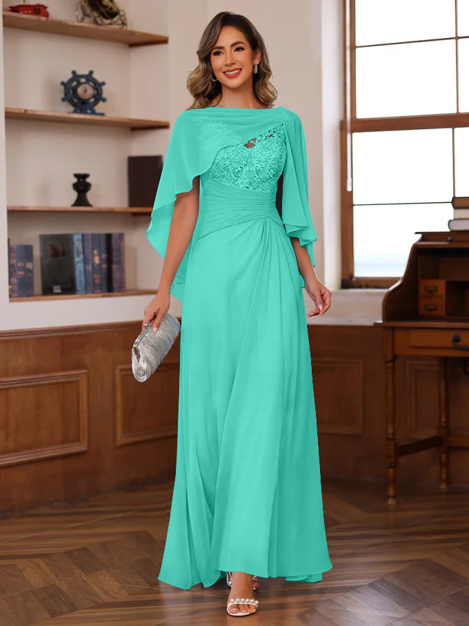 V Neck A Line Long Mother of the Bride Dress with Appliques Ruffles & Wrap in 2 Pics