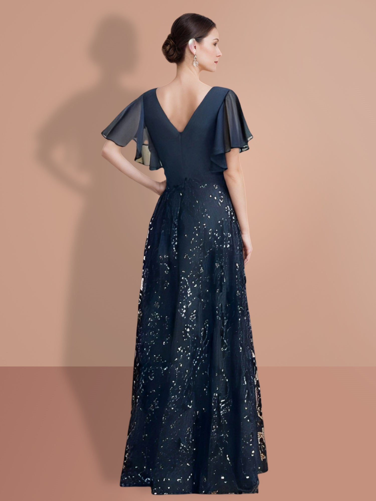 V Neck A Line Long Mother of the Bride Dress with Short Sleeves and Sequins