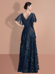 V Neck A Line Long Mother of the Bride Dress with Short Sleeves and Sequins