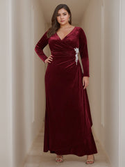 V Neck A Line Long Velvet Mother of the Bride Dress with Ruffled Long Sleeves