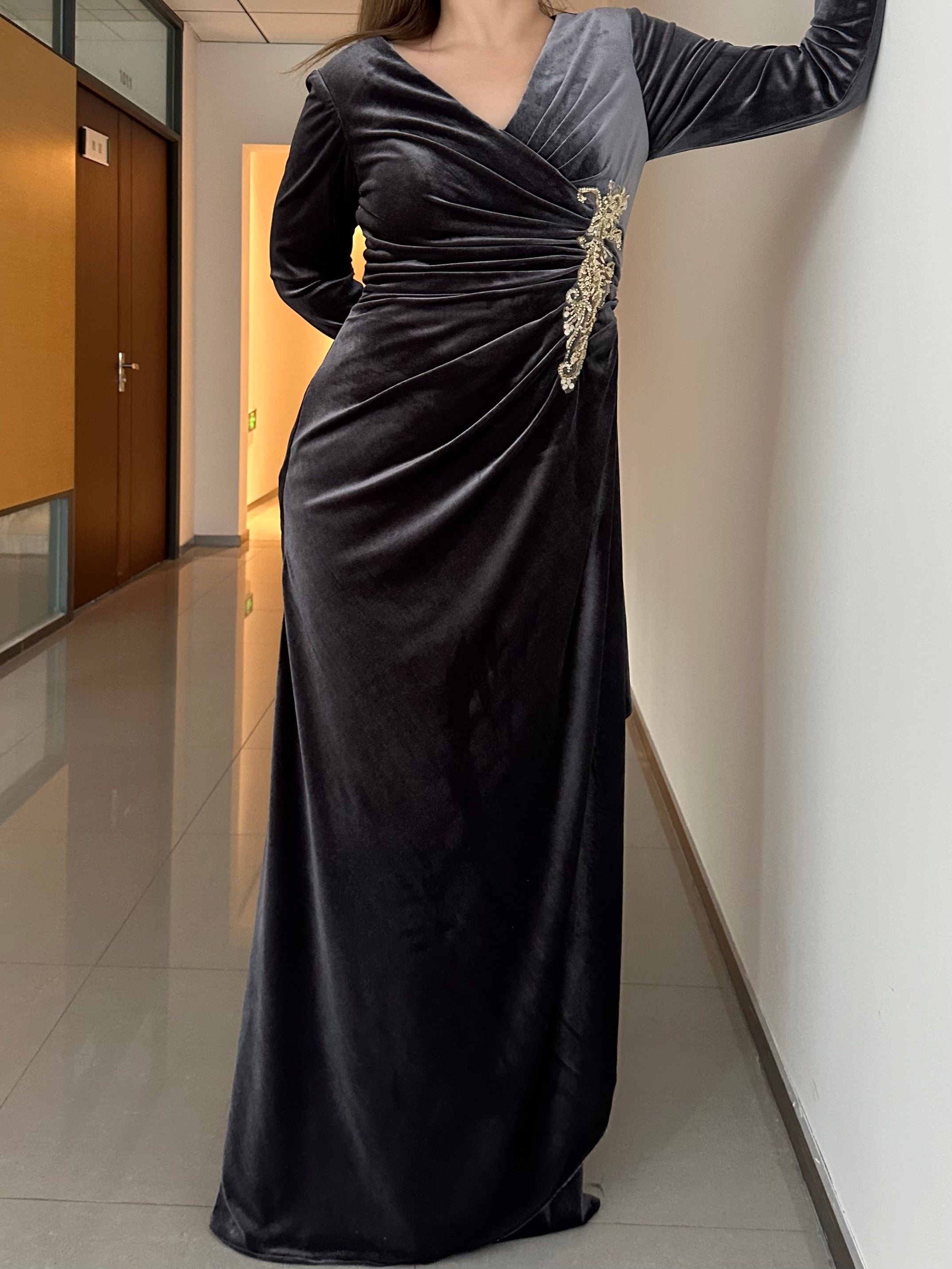 V Neck A Line Long Velvet Mother of the Bride Dress with Ruffled Long Sleeves