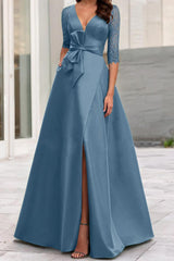 V Neck A Line Mother of the Bride Dress with Side Split and Half Sleeves