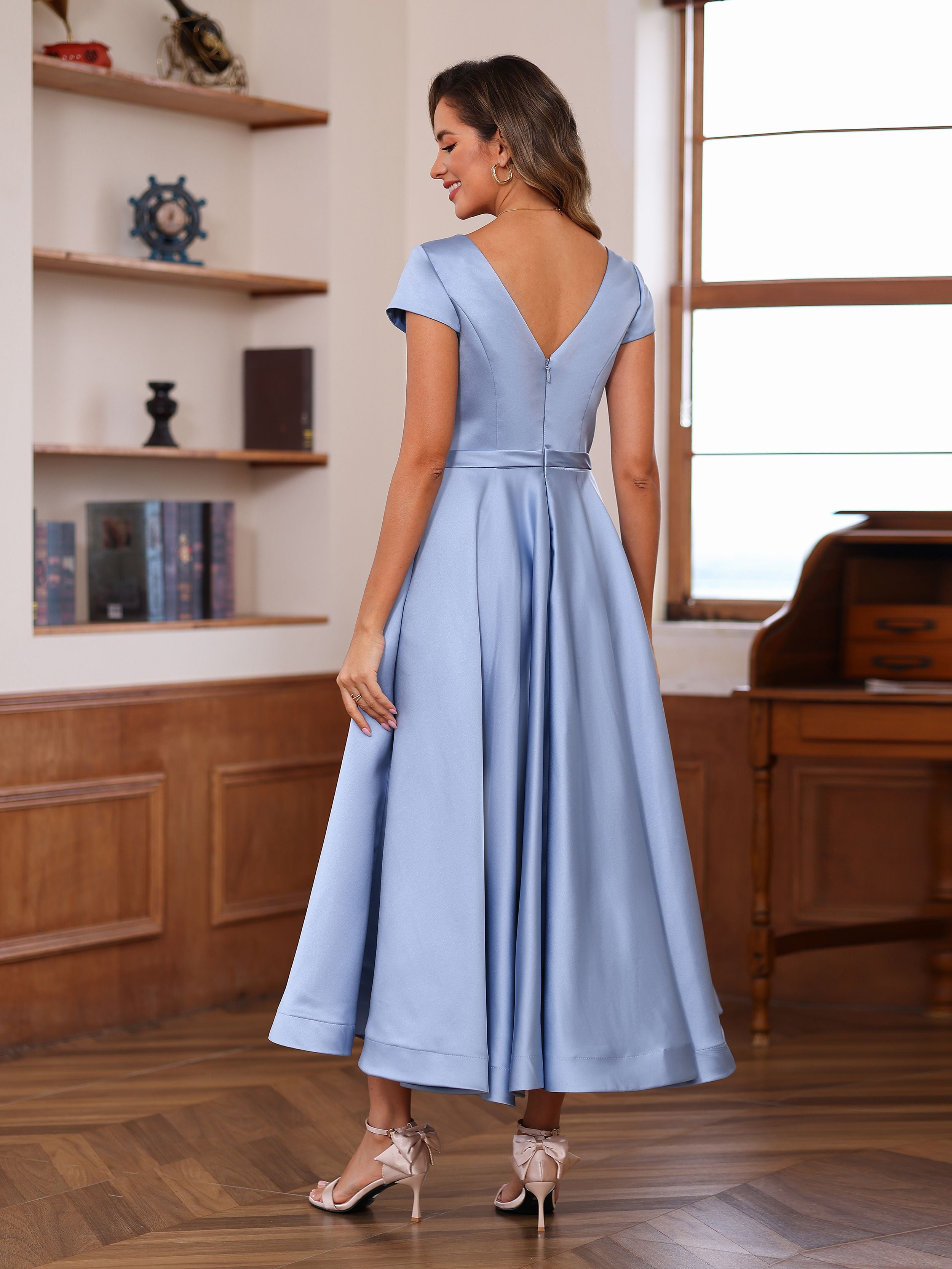 V Neck A Line Short Sleeve Ankle Length Mother of the Bride Dress With Pockets and Ruffles