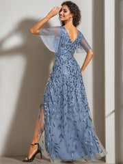 V Neck A Line Short Sleeve Asymmetrical Mother of the Bride Dress with Sequins