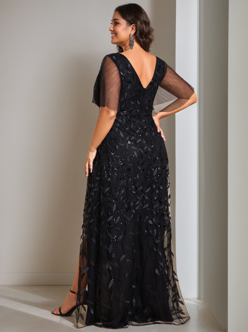 V Neck A Line Short Sleeve Asymmetrical Mother of the Bride Dress with Sequins