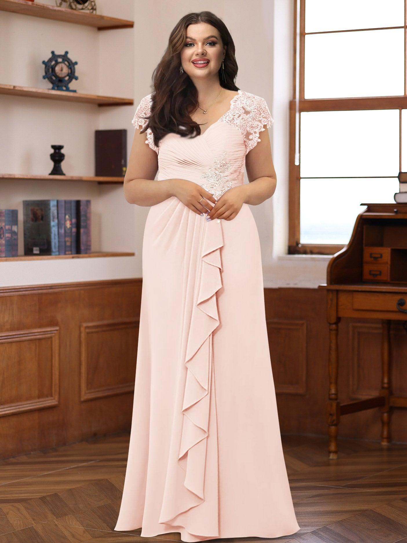 V Neck A Line Short Sleeve Dress with Pleats Ruffles & Appliques for Mother of the Bride & Groom
