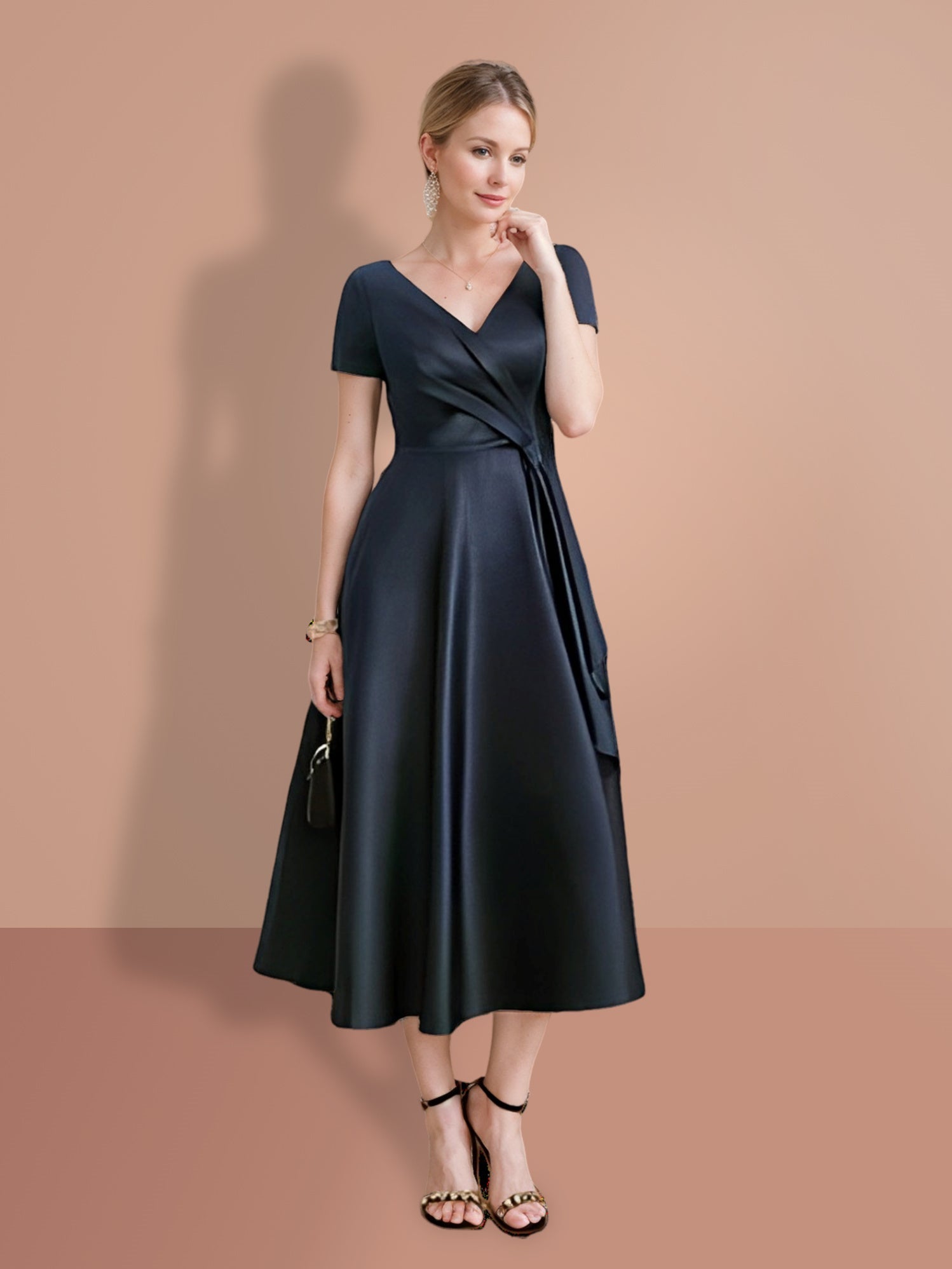 V Neck A Line Short Sleeve Mother of the Bride Dress