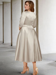 V Neck A Line Tea Length Dress for the Mother of the Bride