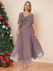 V Neck A Line Tea Length Dress for the Mother of the Bride