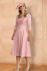 V Neck A Line Tea Length Mother of the Bride Dress Featuring Applique