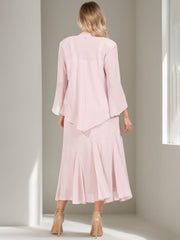 V Neck A Line Two Piece Plus Size Mother of the Bride Dress with Jacket and Sequins in Tea Length