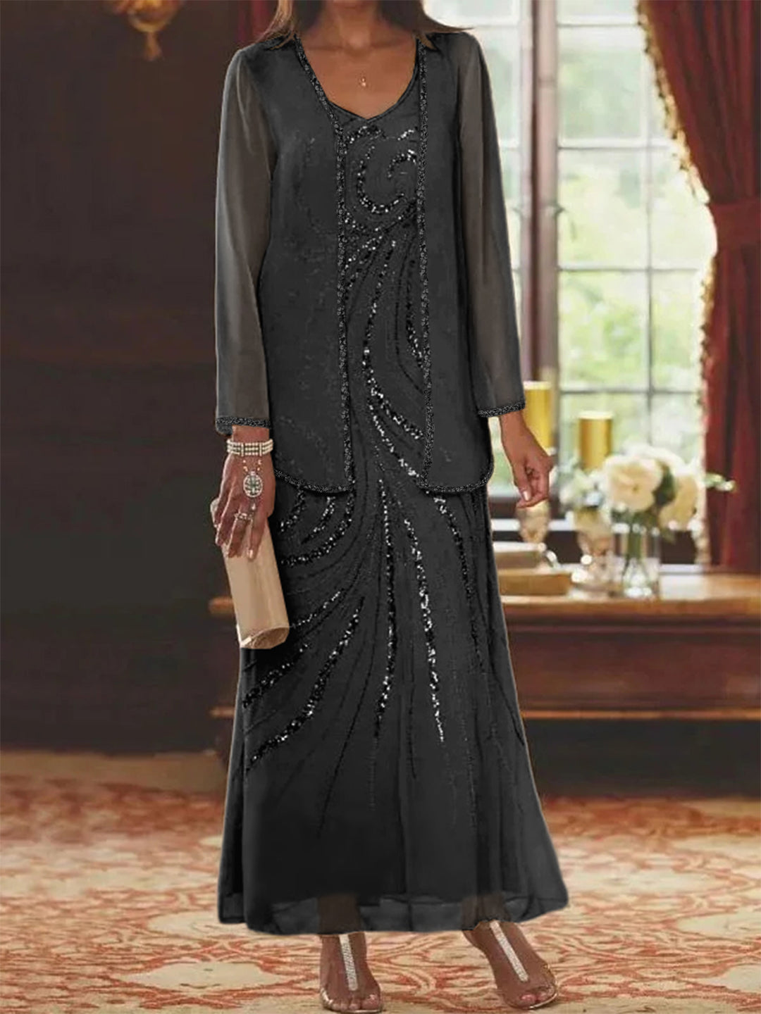 Chiffon Mother of the Bride Dress 3/4 Sleeve Wedding Guest Dress with Beadings