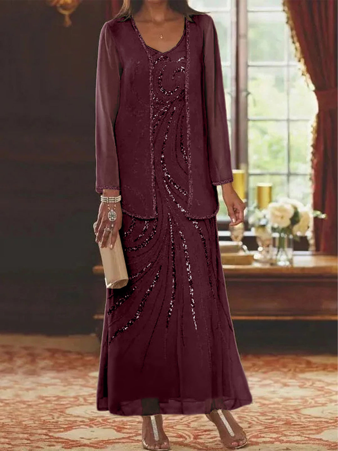 Chiffon Mother of the Bride Dress 3/4 Sleeve Wedding Guest Dress with Beadings