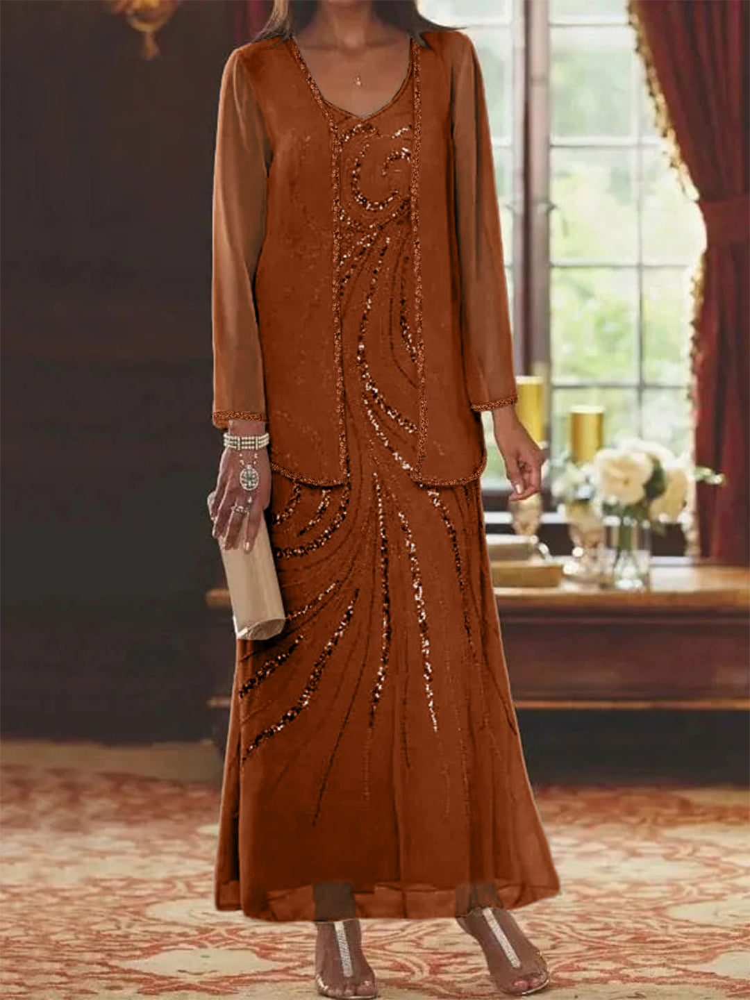 Chiffon Mother of the Bride Dress 3/4 Sleeve Wedding Guest Dress with Beadings