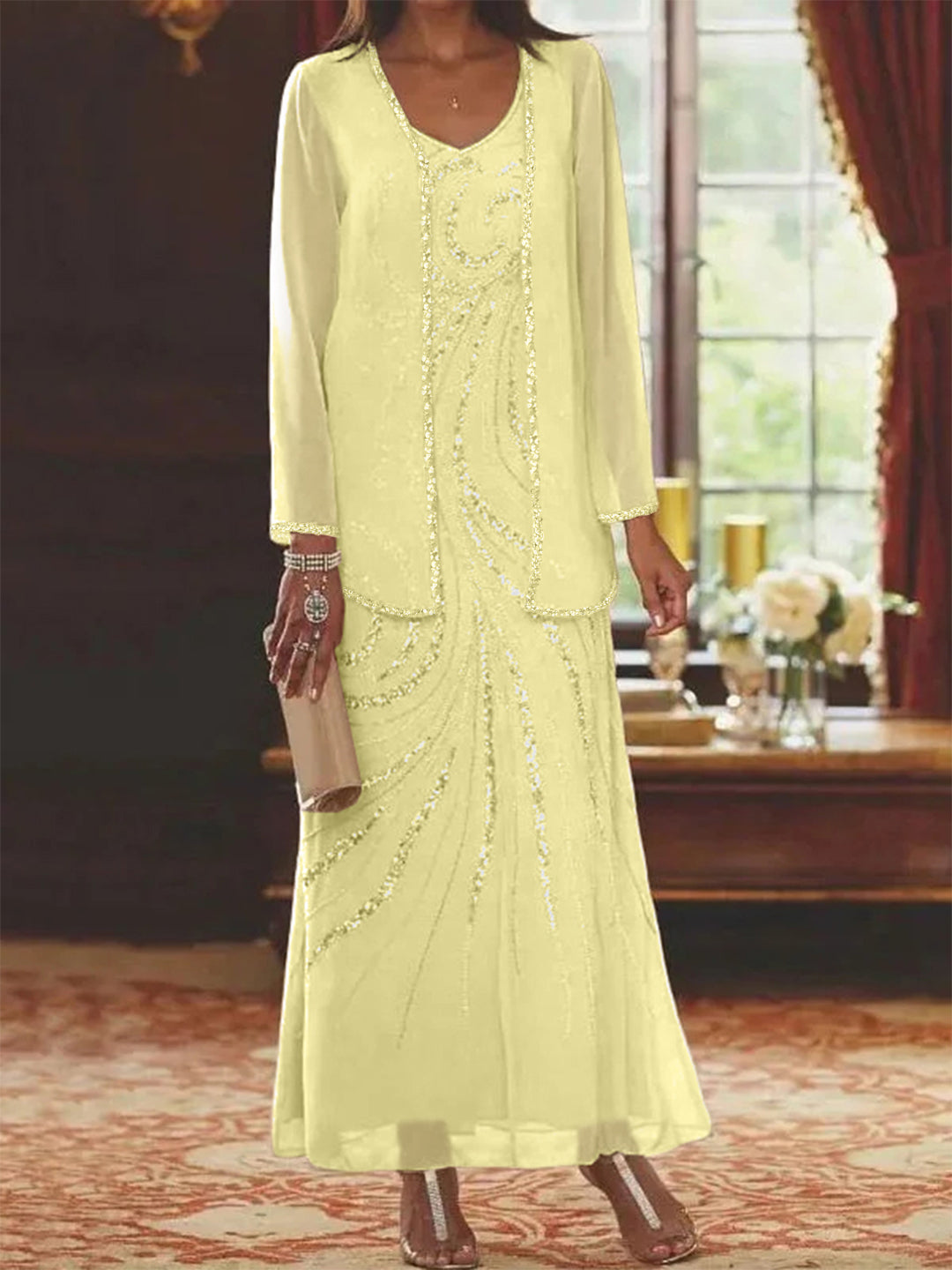 Chiffon Mother of the Bride Dress 3/4 Sleeve Wedding Guest Dress with Beadings