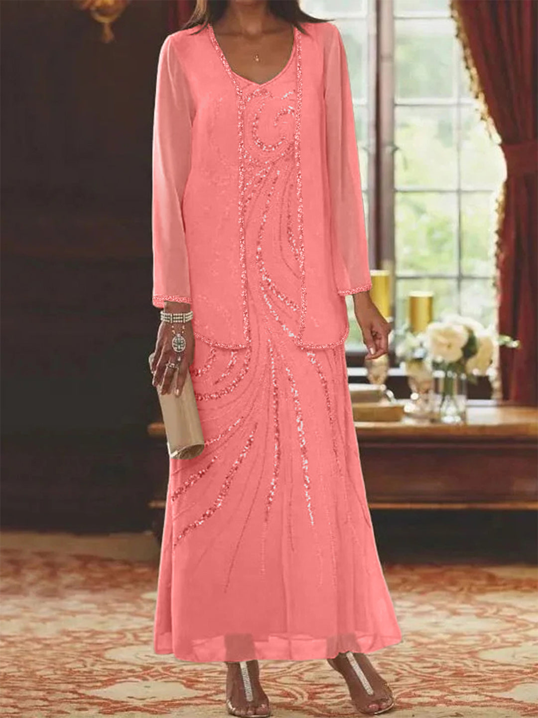 Chiffon Mother of the Bride Dress 3/4 Sleeve Wedding Guest Dress with Beadings