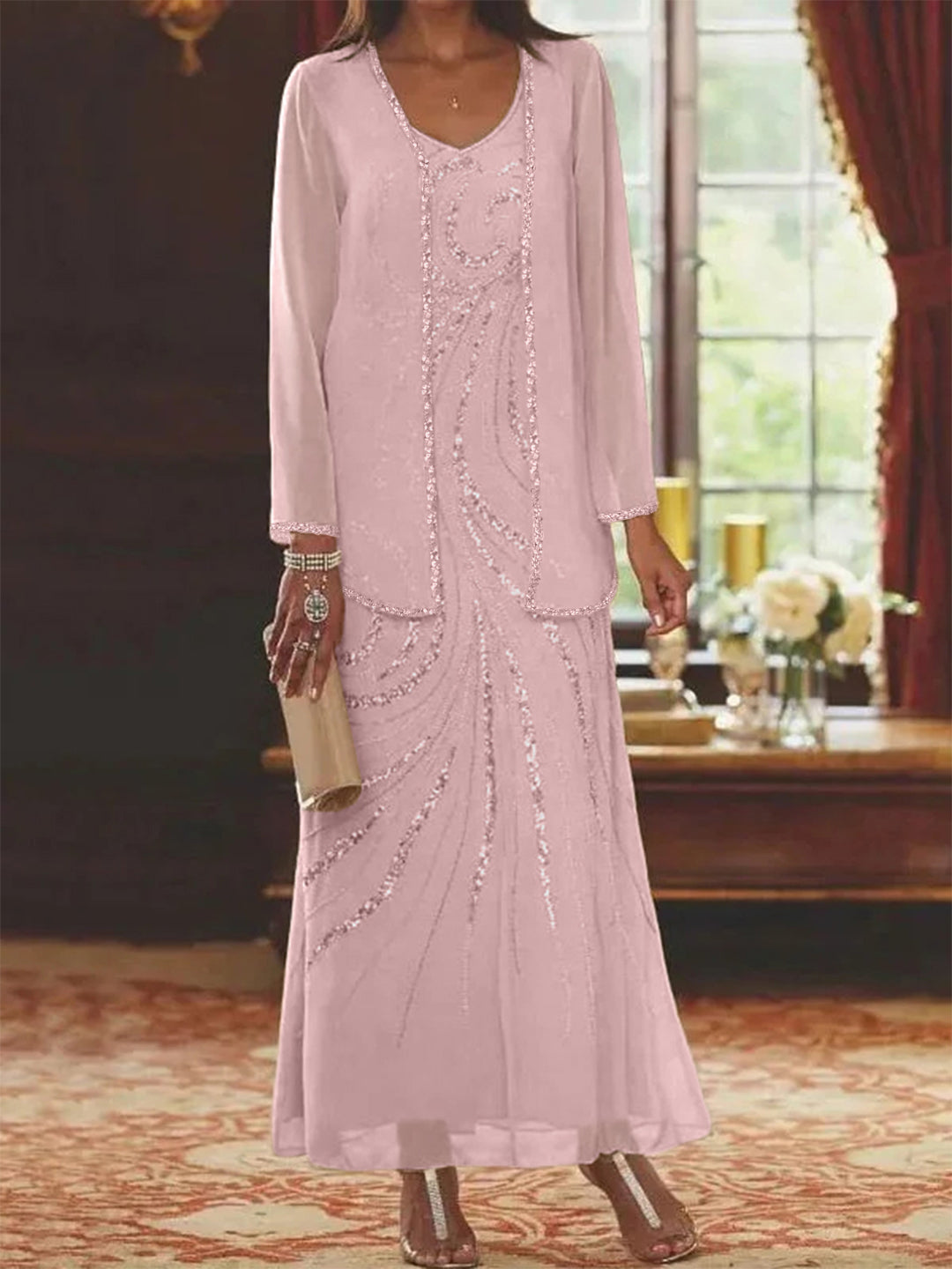 Chiffon Mother of the Bride Dress 3/4 Sleeve Wedding Guest Dress with Beadings