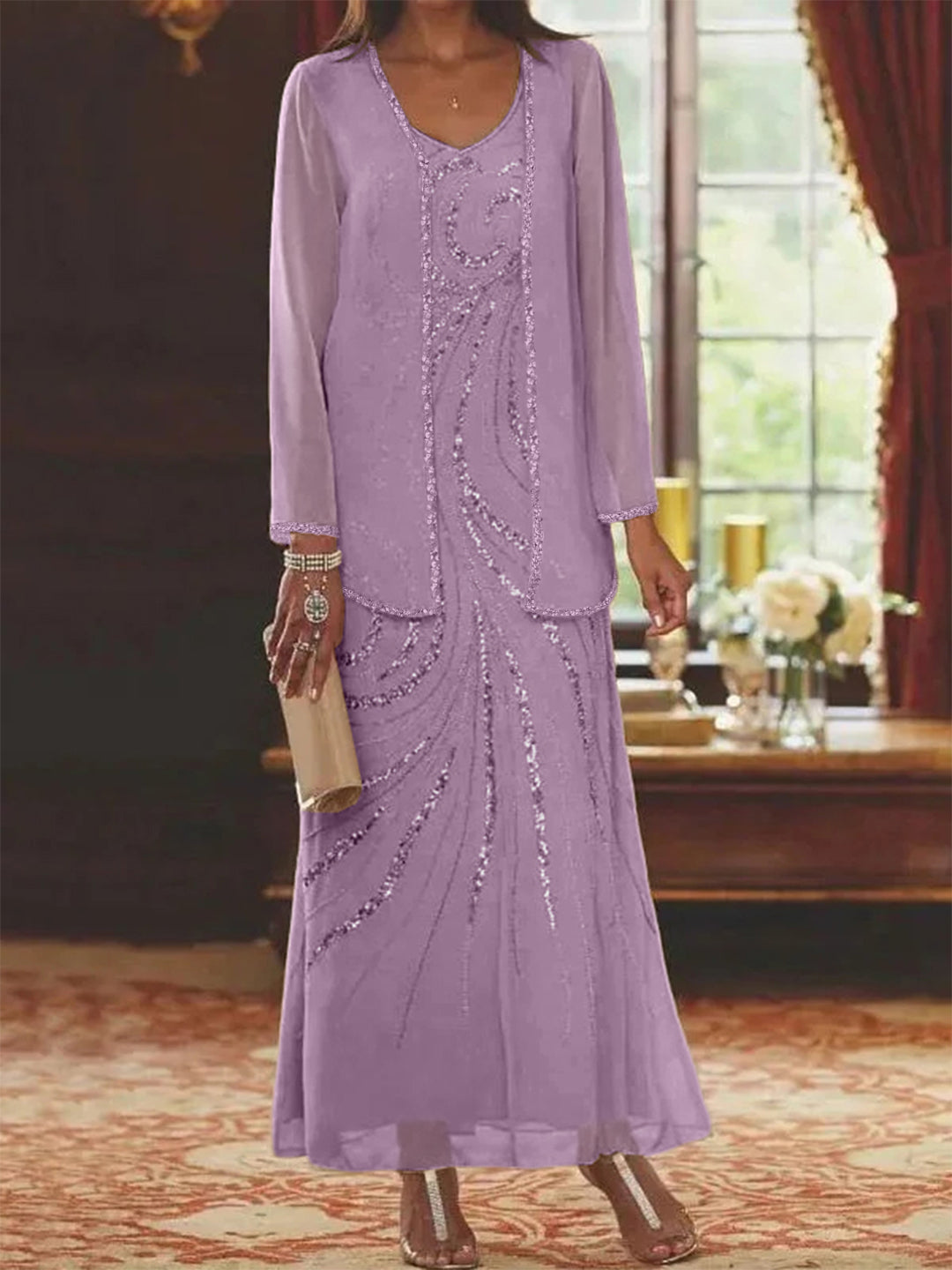 Chiffon Mother of the Bride Dress 3/4 Sleeve Wedding Guest Dress with Beadings