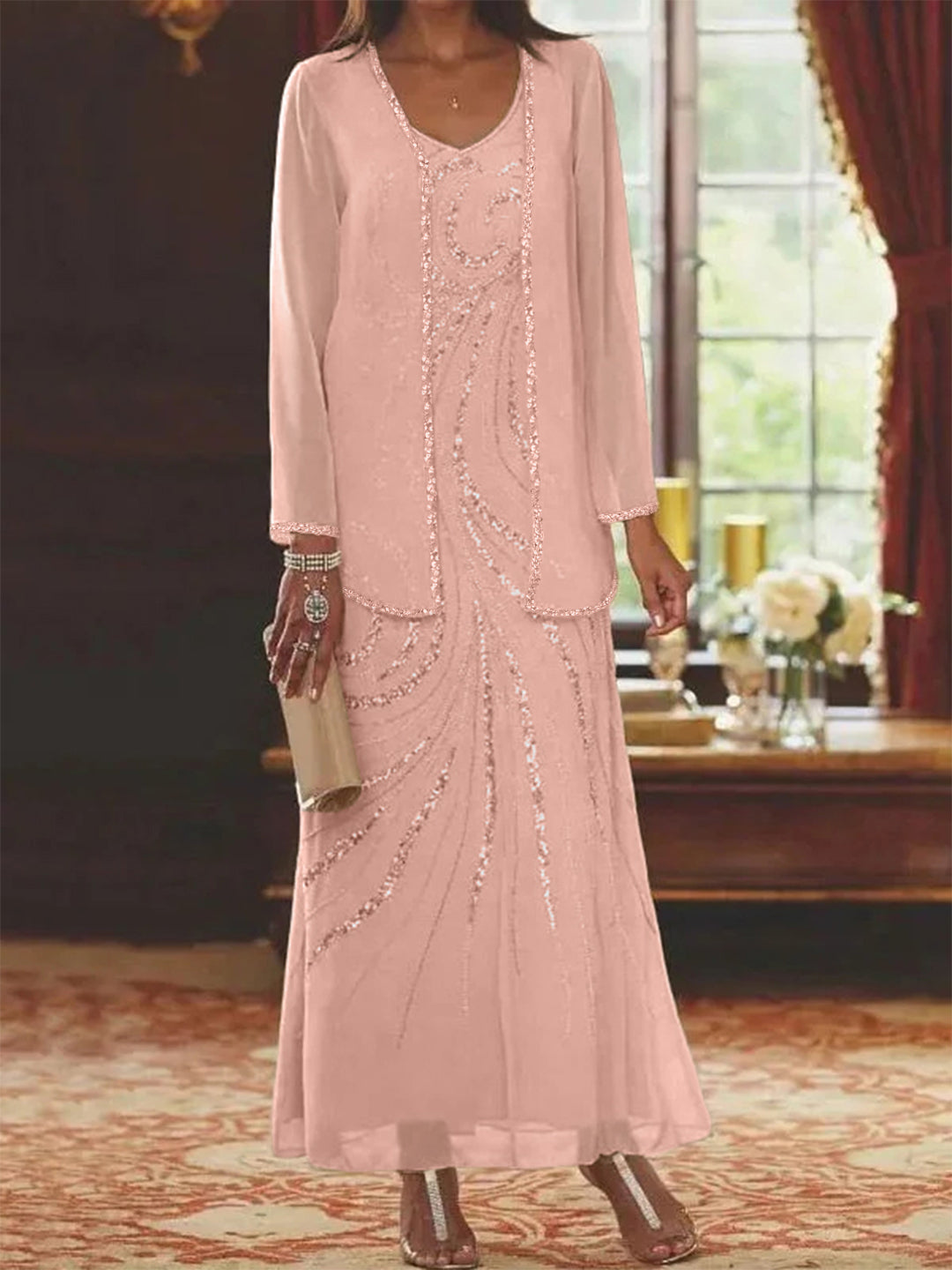 Chiffon Mother of the Bride Dress 3/4 Sleeve Wedding Guest Dress with Beadings