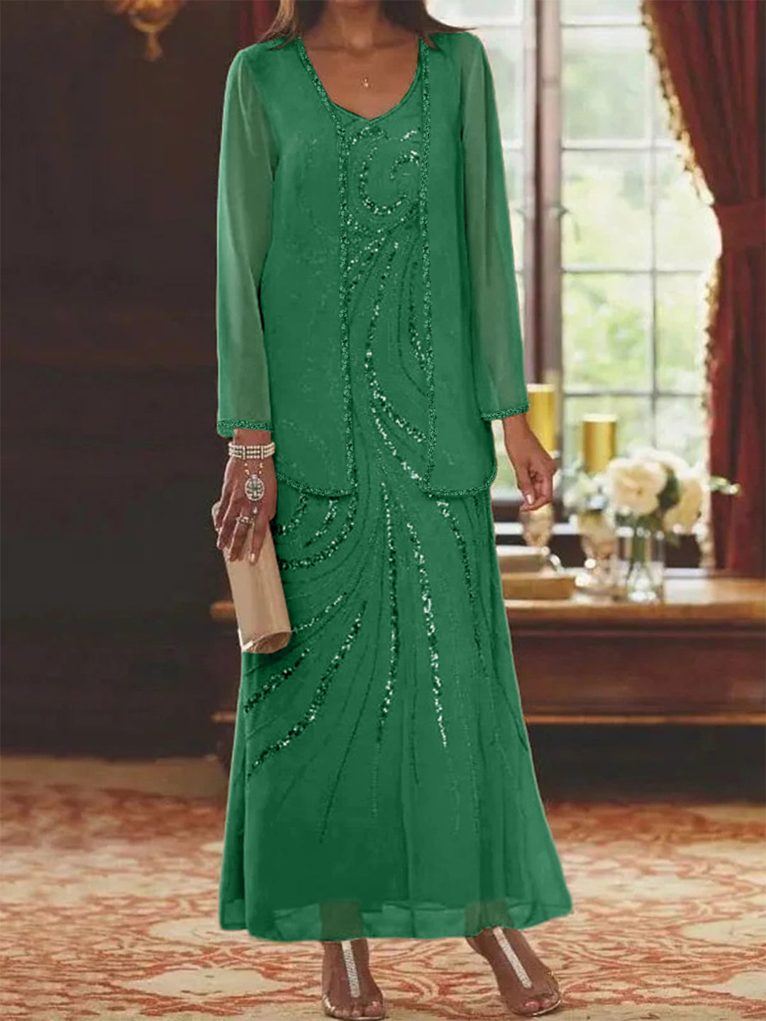 Chiffon Mother of the Bride Dress 3/4 Sleeve Wedding Guest Dress with Beadings