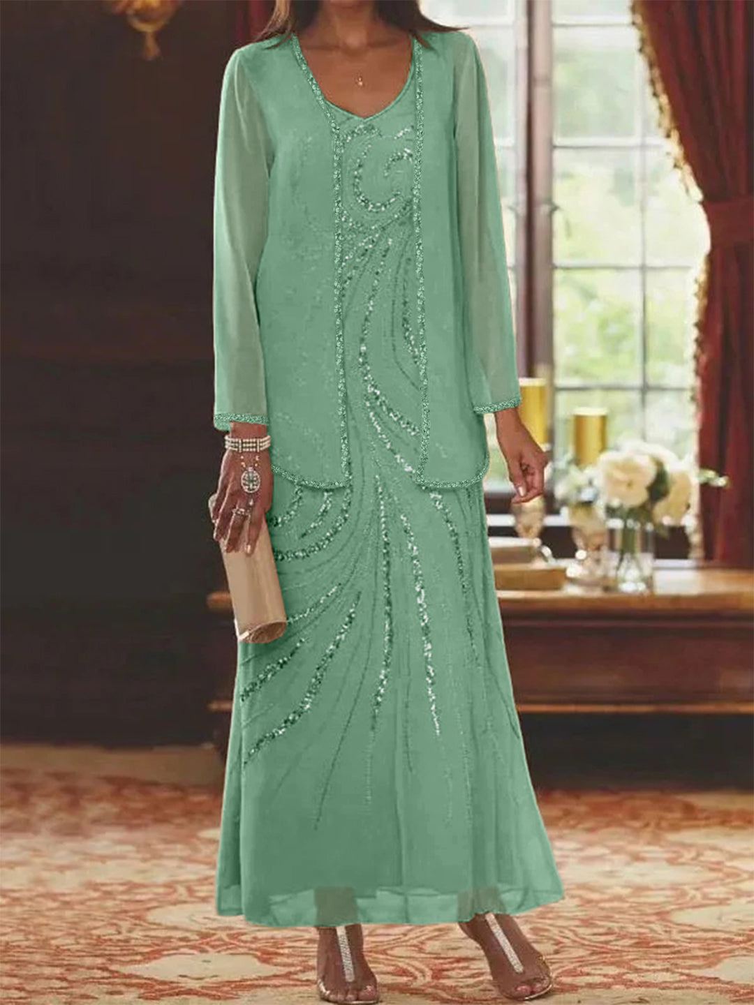 Chiffon Mother of the Bride Dress 3/4 Sleeve Wedding Guest Dress with Beadings