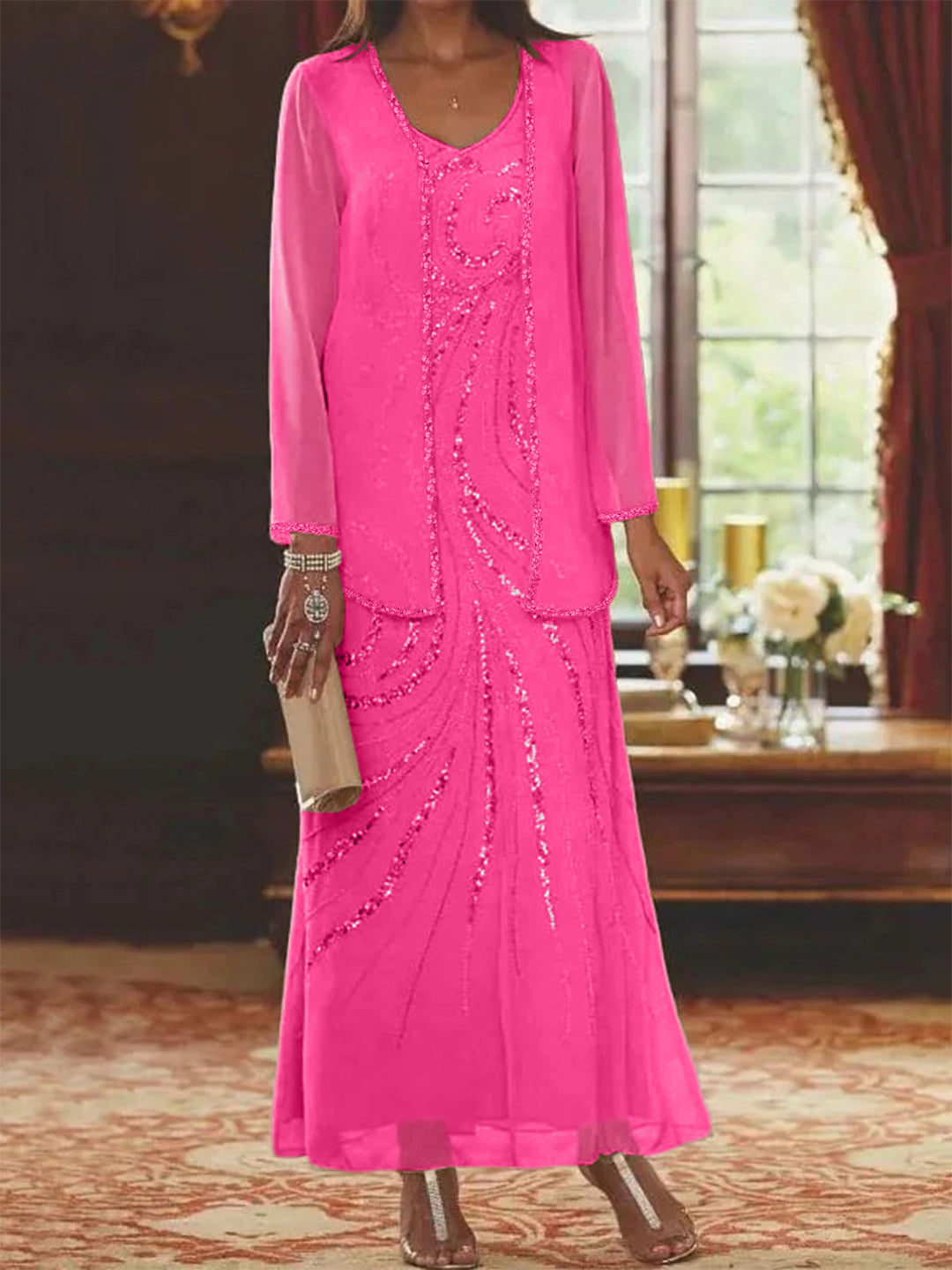 Chiffon Mother of the Bride Dress 3/4 Sleeve Wedding Guest Dress with Beadings