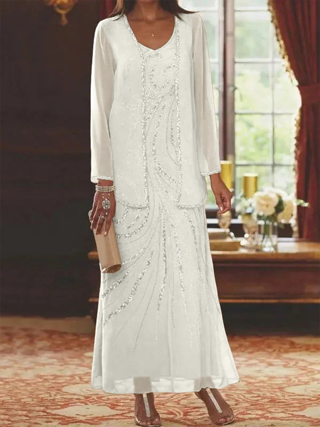 Chiffon Mother of the Bride Dress 3/4 Sleeve Wedding Guest Dress with Beadings