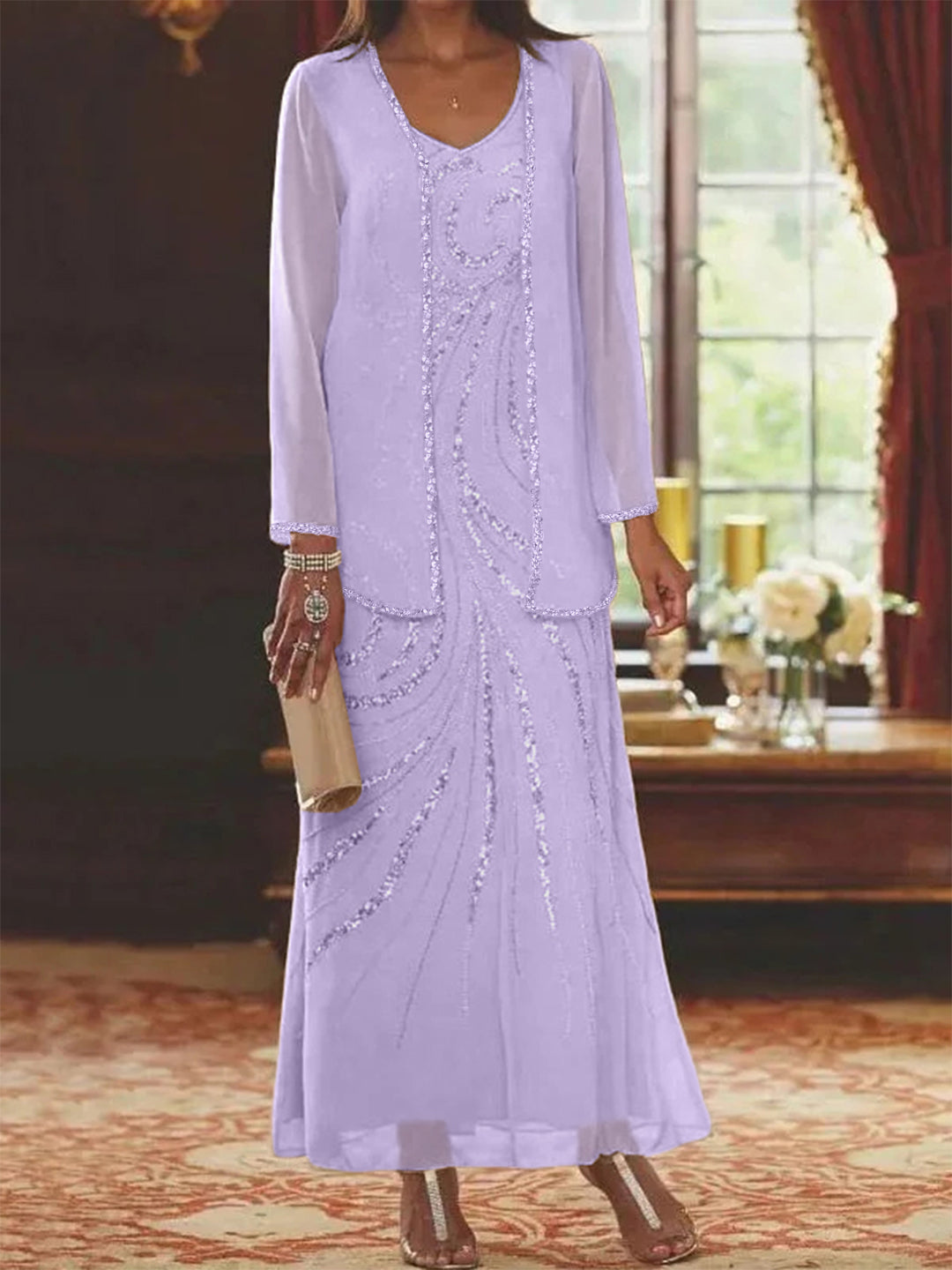 Chiffon Mother of the Bride Dress 3/4 Sleeve Wedding Guest Dress with Beadings
