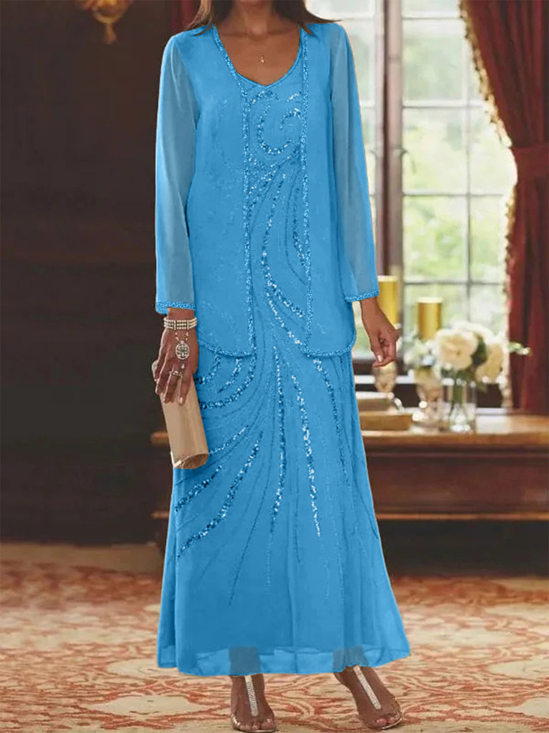 Chiffon Mother of the Bride Dress 3/4 Sleeve Wedding Guest Dress with Beadings