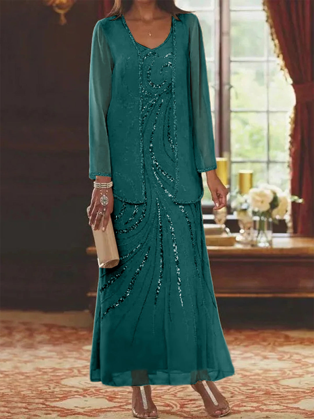Chiffon Mother of the Bride Dress 3/4 Sleeve Wedding Guest Dress with Beadings