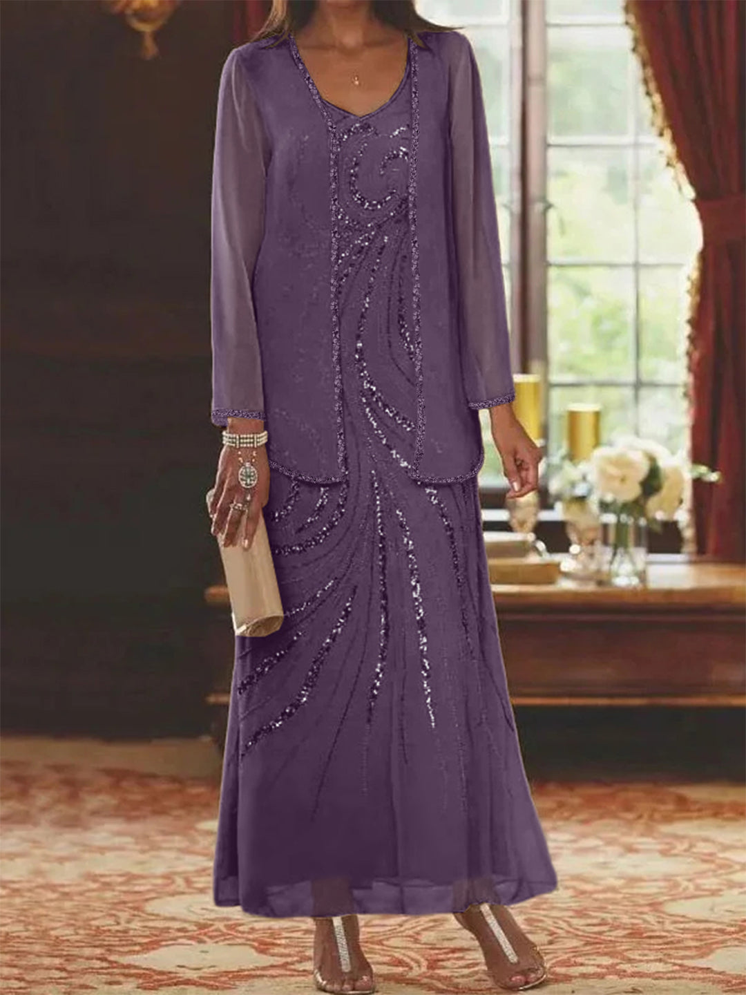 Chiffon Mother of the Bride Dress 3/4 Sleeve Wedding Guest Dress with Beadings